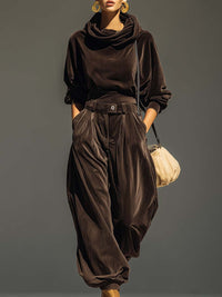 Vintage brown velvet hoodie and loose-fitting trousers set (Includes belt)
