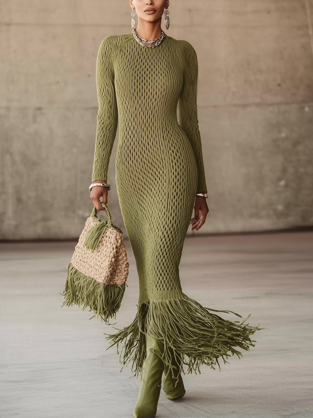 Olive Green Knit Fringe Hem Bodycon Maxi Dress