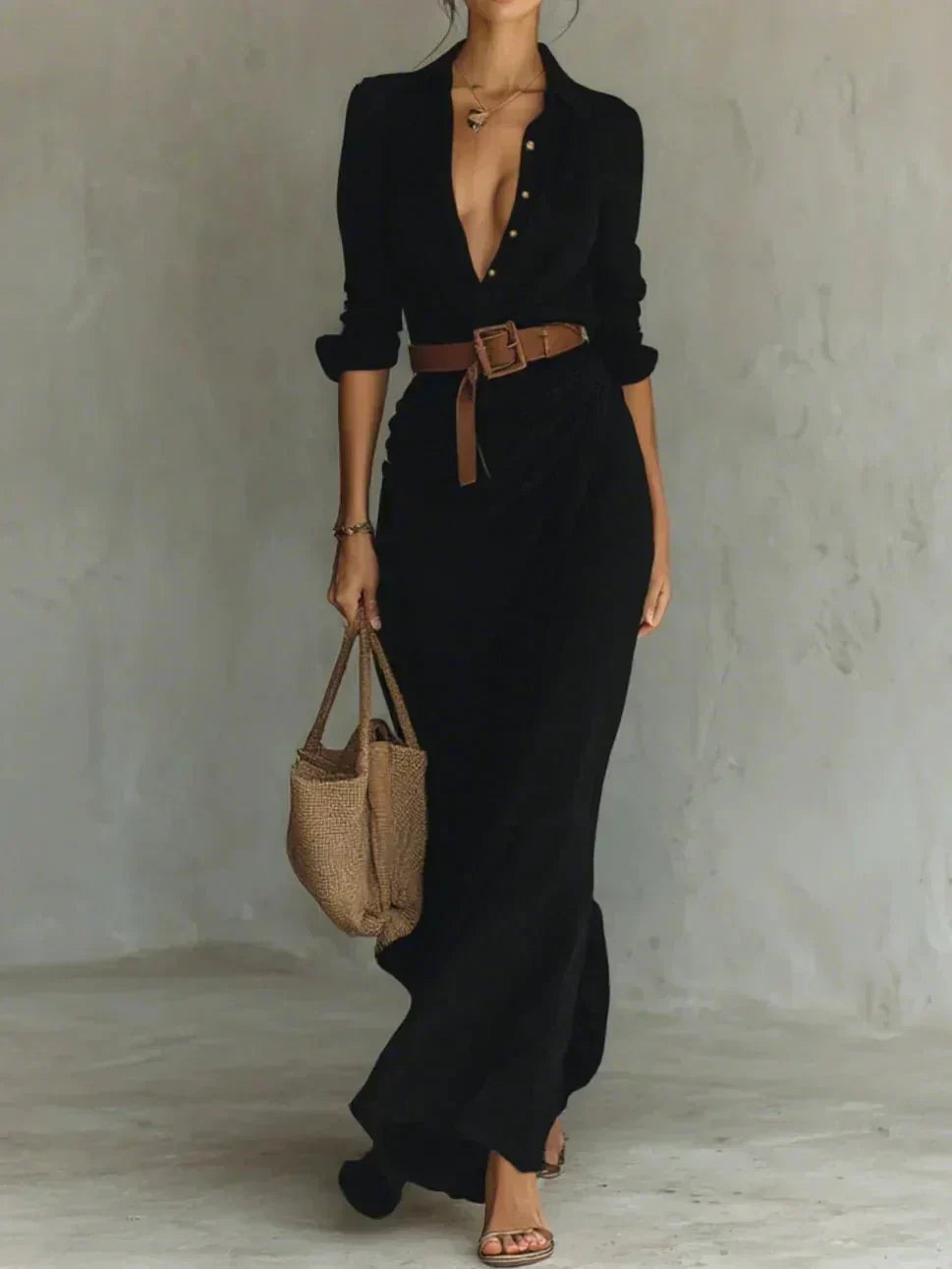 Camille | Maxi Dress with Lapels and Belt at the Waist