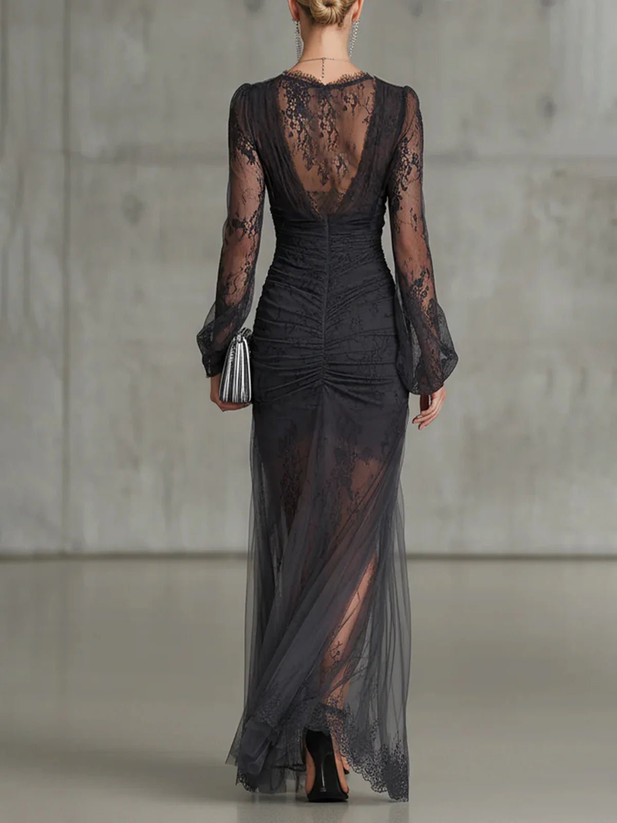 Eloise | Lace Ruffle Sheer Long Sleeve Split Maxi Dress
