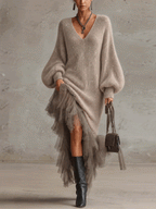 Taupe Sequin Mohair Knit Midi Dress With Sheer Tulle Tiered Ruffle Skirt