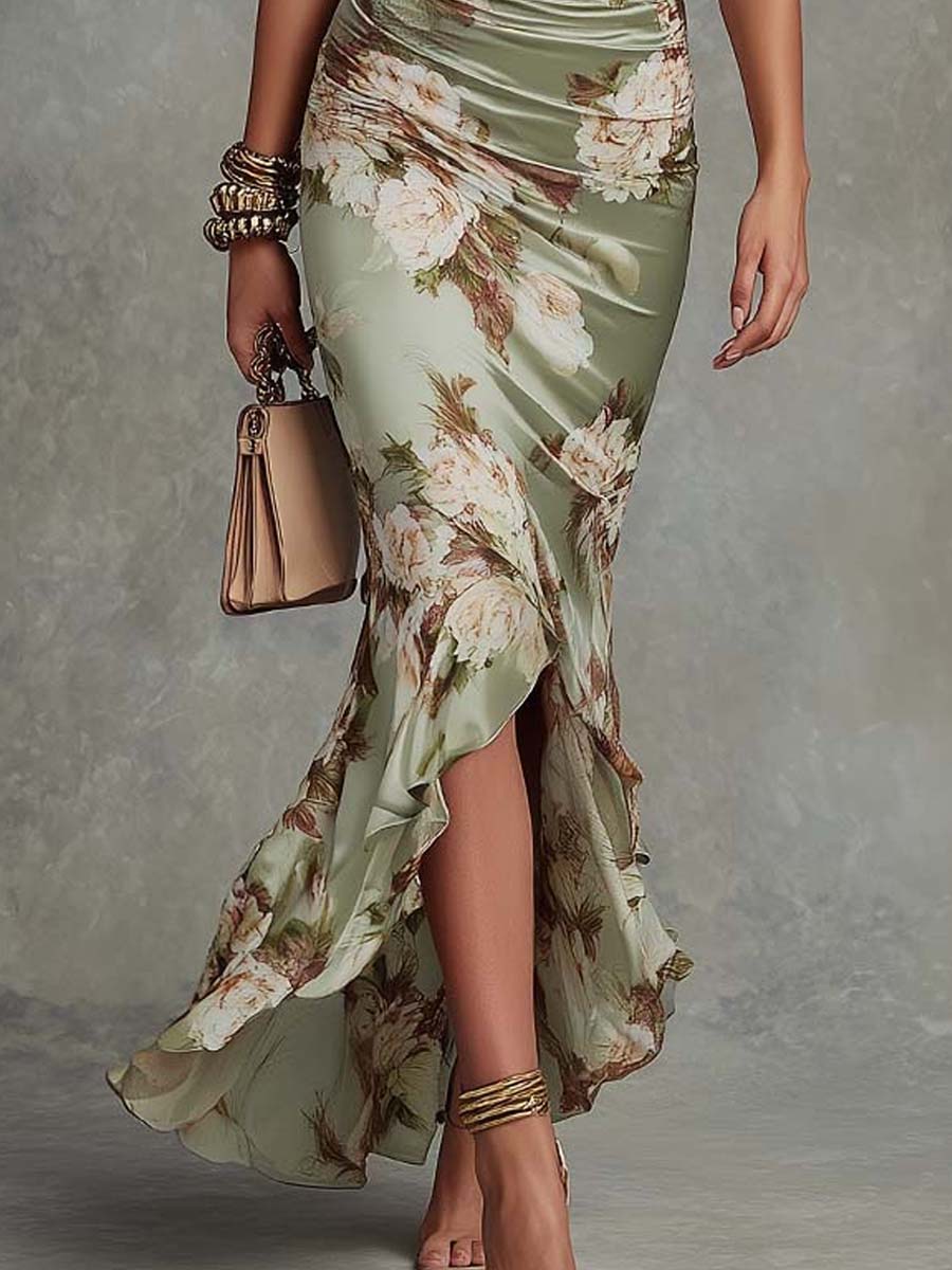 Léonie | Floral Ruffle Bell Sleeve V-Neck Satin Asymmetrical Maxi Dress