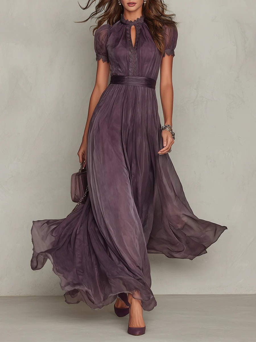Valentine | Keyhole Neckline Chiffon Lace Trim Maxi Dress
