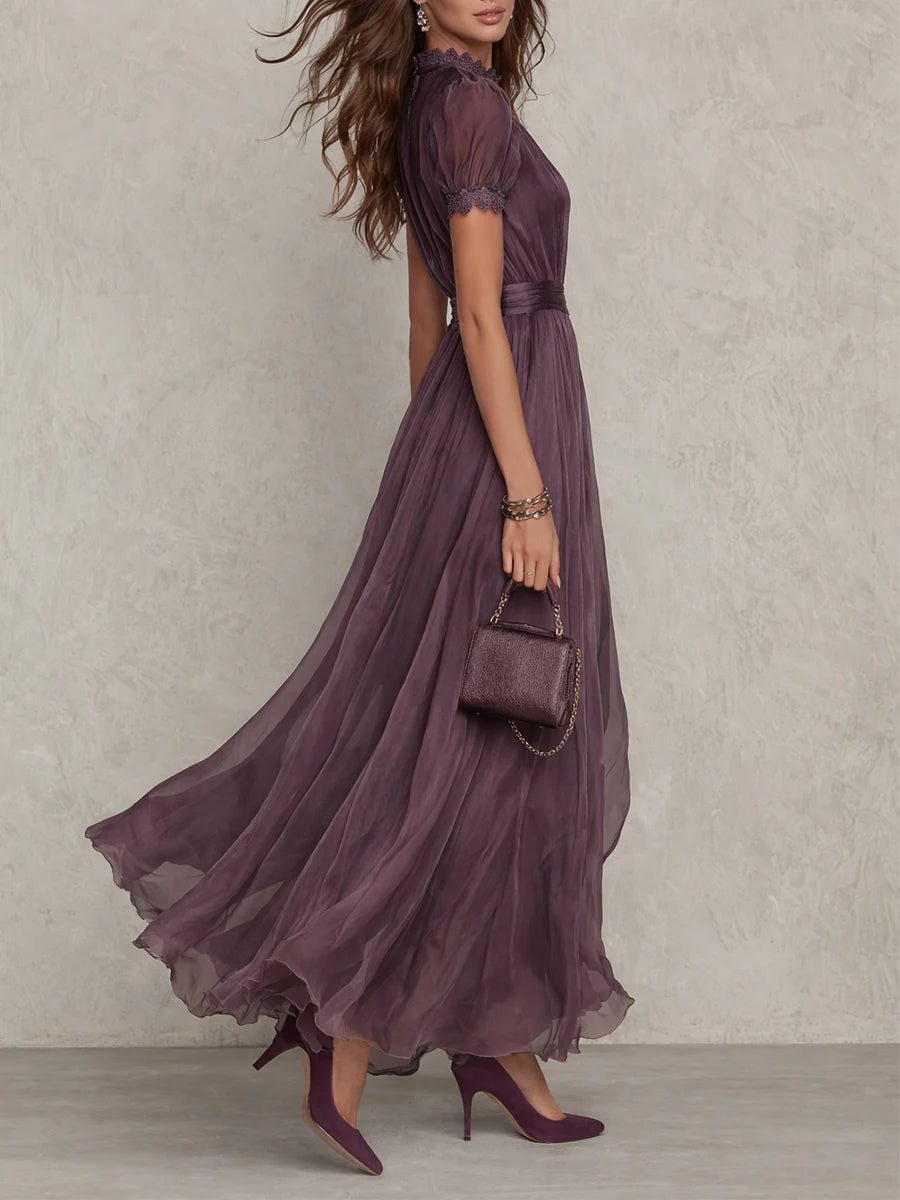Valentine | Keyhole Neckline Chiffon Lace Trim Maxi Dress