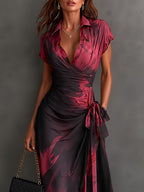 Beatrice | Midi Wrap Dress in Abstract Print, Bordeaux