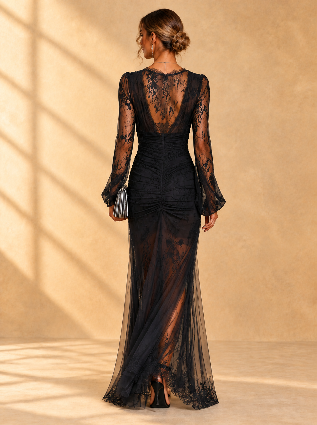 Valetina | Long black dress with deep V-neck and dramatic slit