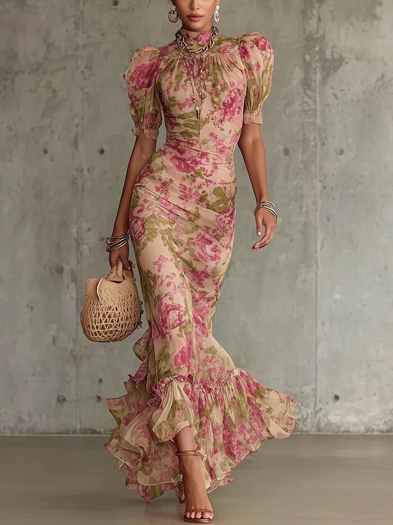 Océane | Vintage Rose Print Maxi Dress with Puff Sleeves (Accessories not included)